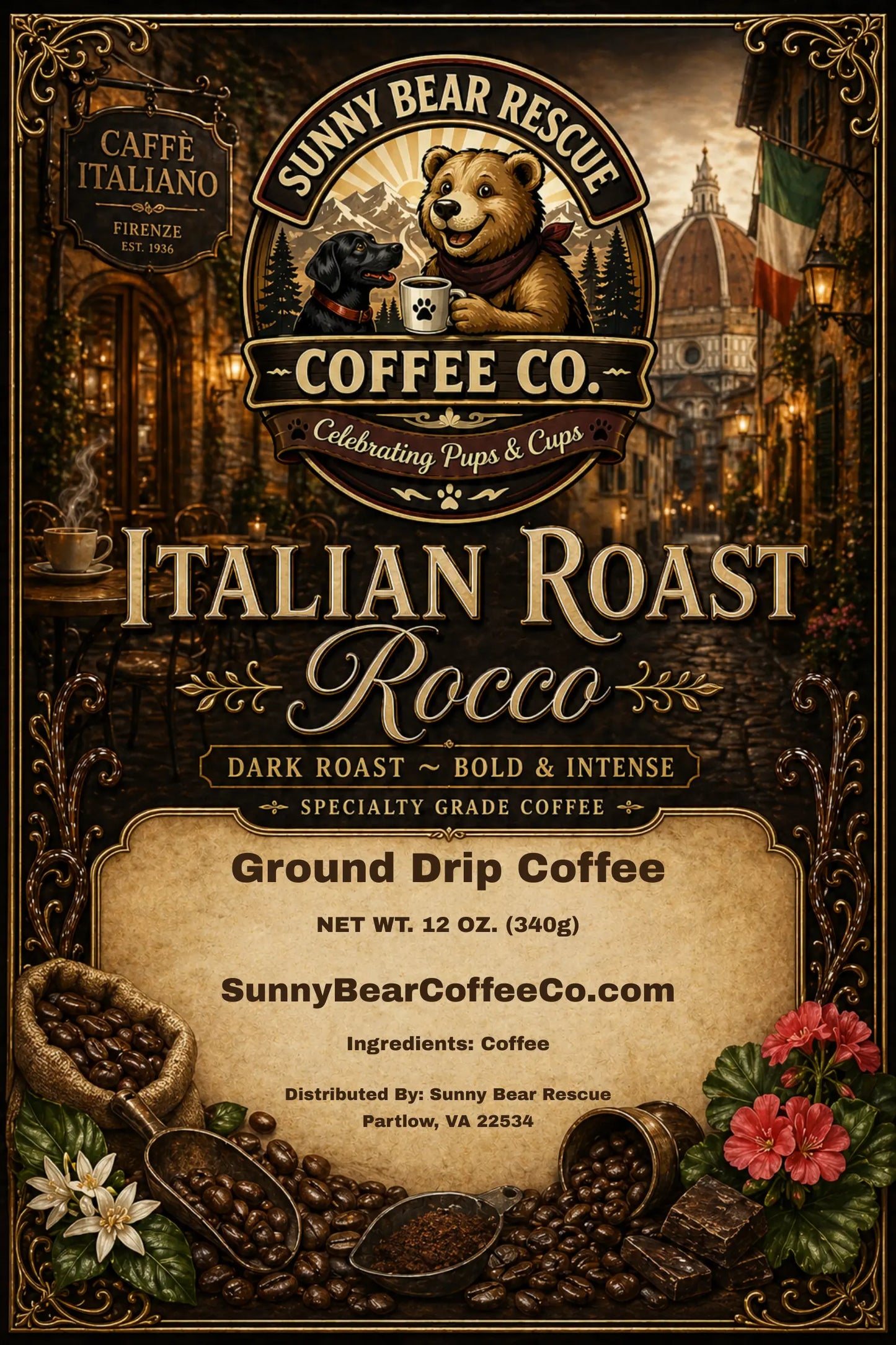 Sunny Bear Rescue Coffee Co. Italian Roast Rocco coffee package with decorative elements and branding.
