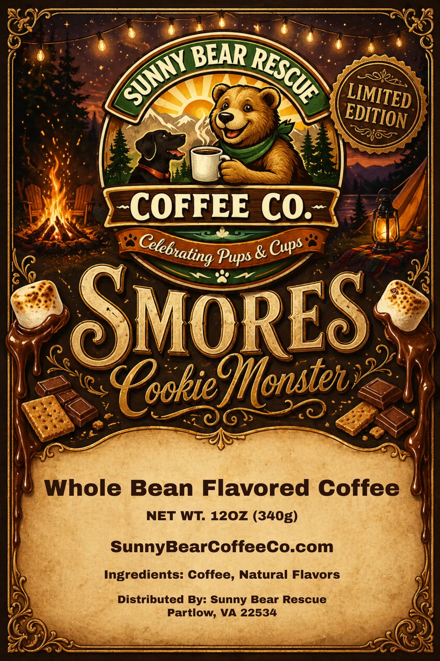 Sunny Bear Rescue Coffee Co. Smores Cookie Monster coffee package with bear illustration and camping scene.